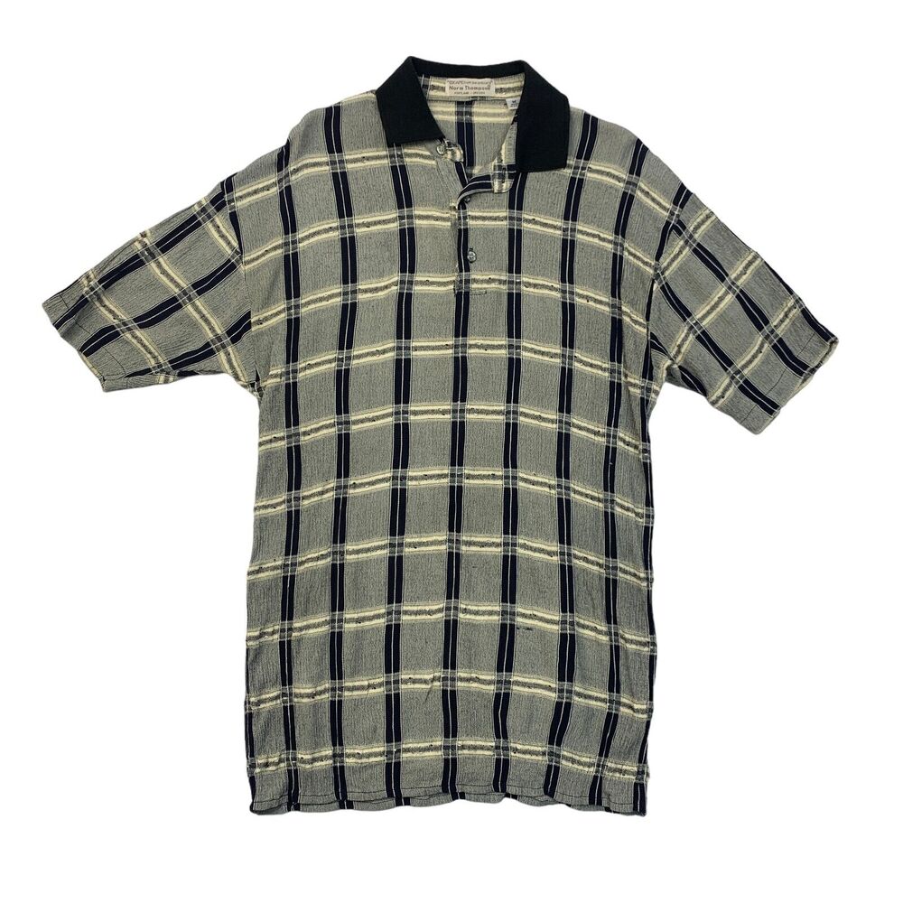 Vintage Norm Thompson Polo Shirt Mens M Medium Navy Check Acetate Rayon Made USA